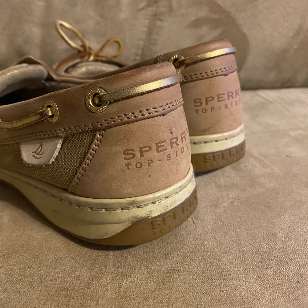 Sperry Angelfish Boat Shoes | Tan Linen & Gold Metallic | Size 7 - Picture 5 of 6